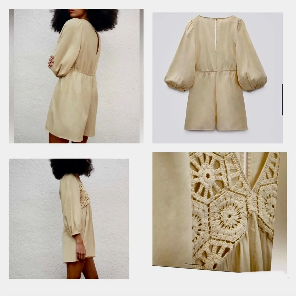 ZARA Crochet Embroidered Romper Short Jumpsuit Cream Ecru Size S